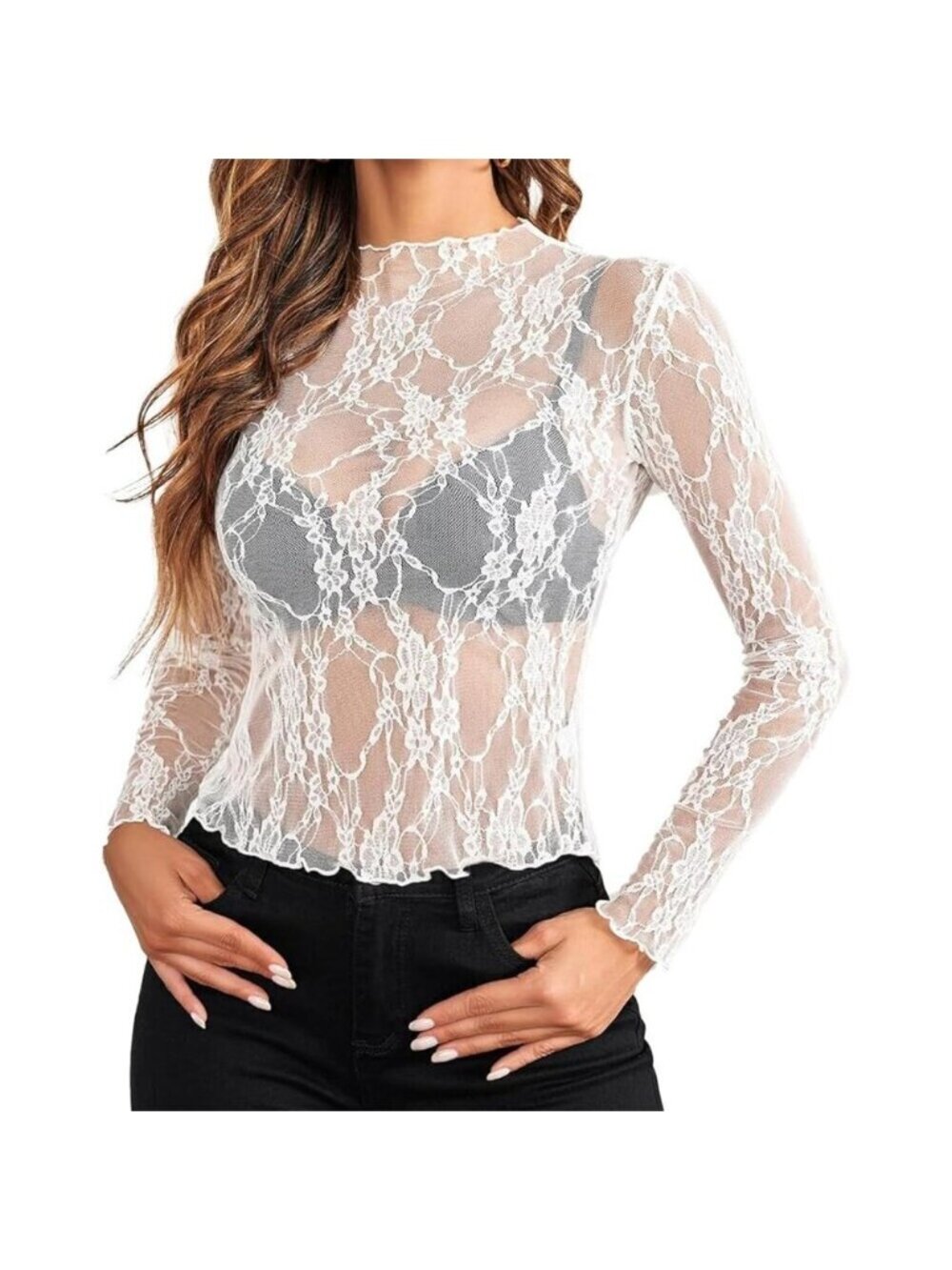 🆕Women White Lace Sheer Long Sleeve Top Sexy See Through Y2K Blouse Polyester
